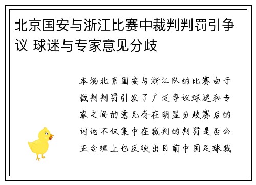 北京国安与浙江比赛中裁判判罚引争议 球迷与专家意见分歧